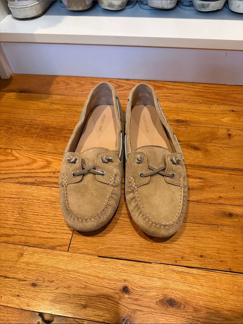 Veronica Beard Suede Moccasin Loafers in Beige Tan